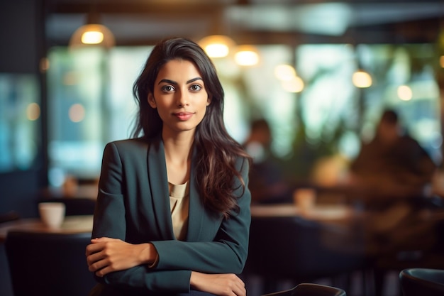 Een vrouw in een donkergroen pak staat in een restaurant.