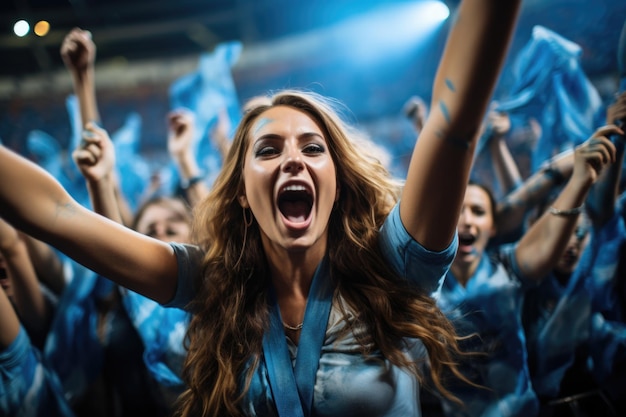 Een vrouw in een druk stadion omringd door juichende fans