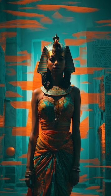 Foto een vrouw in een egyptisch kostuum die voor een decoratieve muur poseert