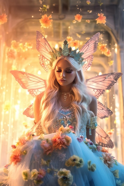 Een vrouw in een feeënkostuum met vleugels en een vlinder op haar hoofd.