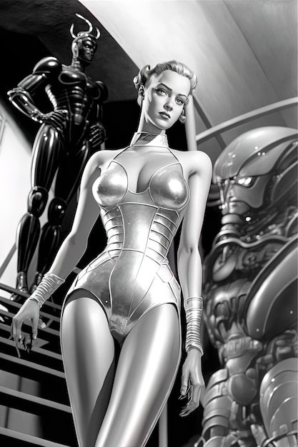 Foto een vrouw in een futuristisch kostuum staat voor een robot.