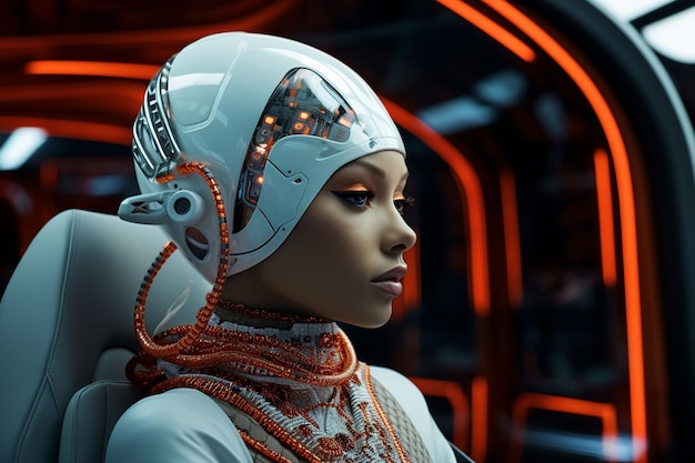 een vrouw in een futuristisch pak kijkt Cyborg in een futuristische rit