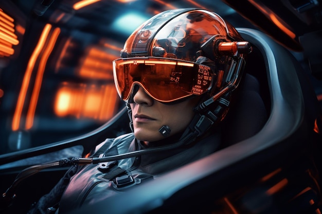 een vrouw in een futuristisch pak kijkt Cyborg in een futuristische rit