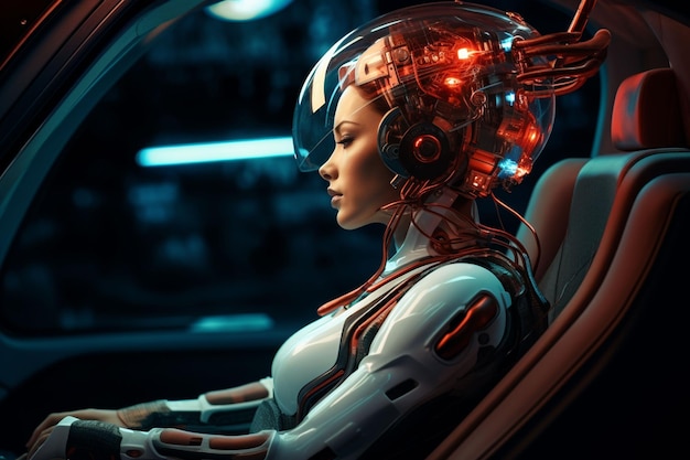 een vrouw in een futuristisch pak kijkt Cyborg in een futuristische rit