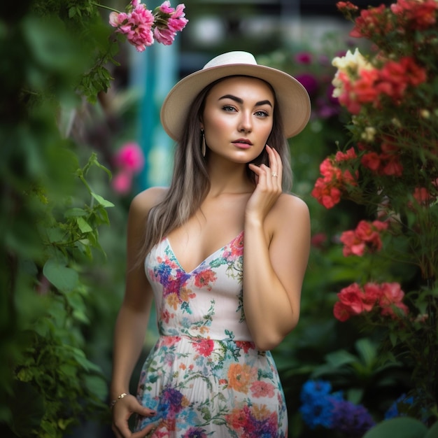 Een vrouw in een gebloemde jurk staat in een tuin