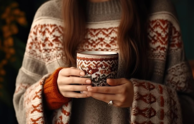 Een vrouw in een gebreide trui houdt een kleibeker met koffie voor haar Concept van het voorbijgaand seizoen