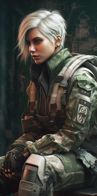 Een vrouw in een gecamoufleerd uniform met het logo van de game resident evil