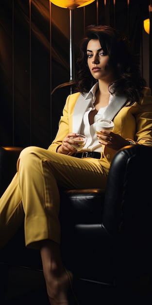 een vrouw in een geel pak drinkt een glas wijn.