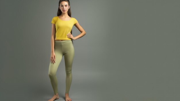 Een vrouw in een geel shirt en een groene legging staat voor een grijze achtergrond.