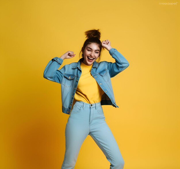 Een vrouw in een geel shirt en spijkerbroek staat voor een gele achtergrond te dansen