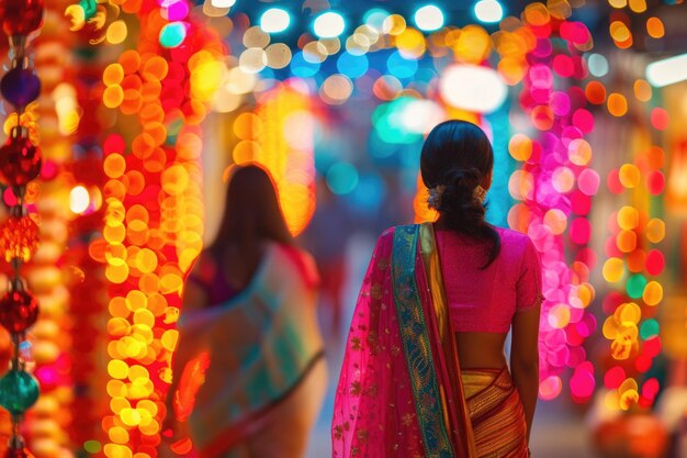 Foto een vrouw in een gekleurde sari loopt door een indiase bazaar holi vakantie