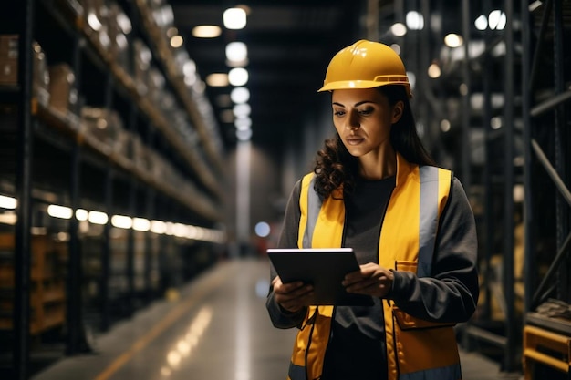 een vrouw in een gele harde hoed gebruikt een tablet in een pakhuis