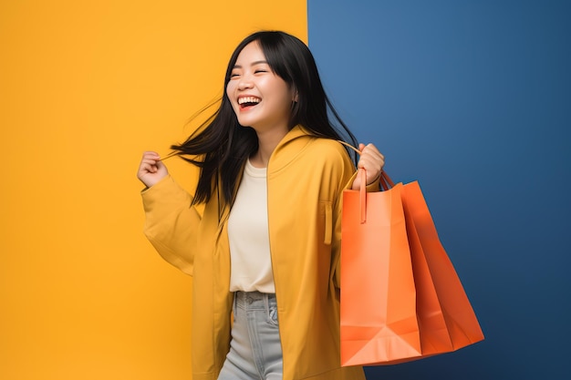 Een vrouw in een gele jas houdt een oranje boodschappentas vast