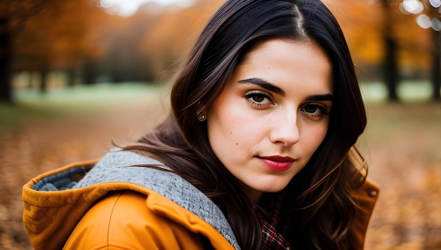 Een vrouw in een gele jas met rode lippenstift kijkt in de camera.