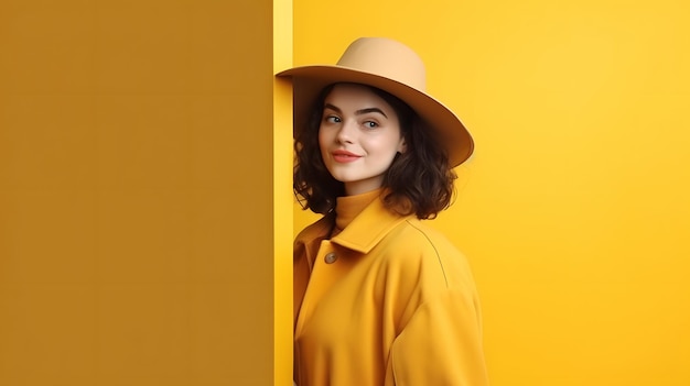 Een vrouw in een gele jas staat voor een gele muur.