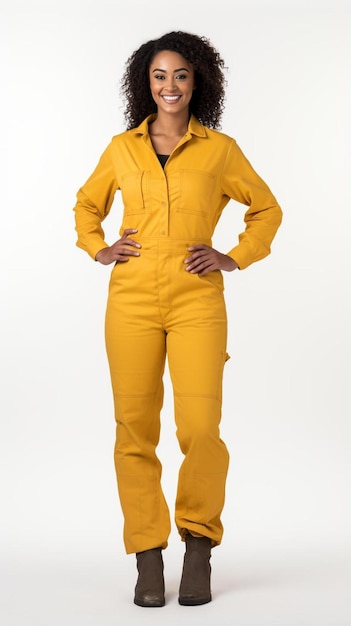 Foto een vrouw in een gele jumpsuit staat voor een witte achtergrond