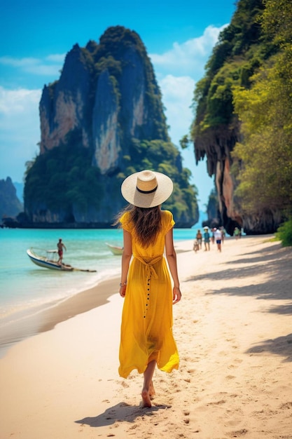 een vrouw in een gele jurk en hoed die op een strand loopt