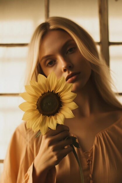 Een vrouw in een gele jurk houdt een zonnebloem voor een raam.