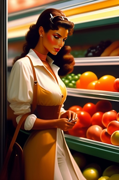 Een vrouw in een gele jurk staat voor een koelkast vol fruit.