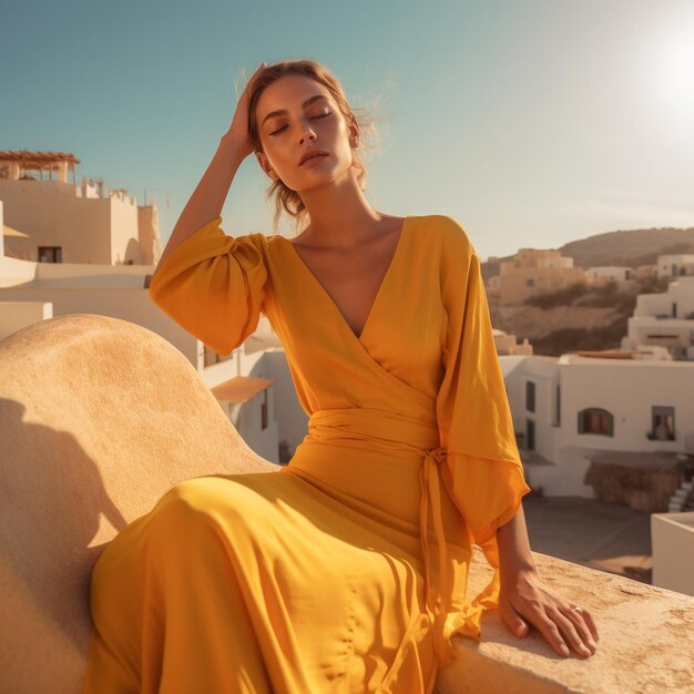 Foto een vrouw in een gele jurk zit op een richel met de ondergaande zon achter haar