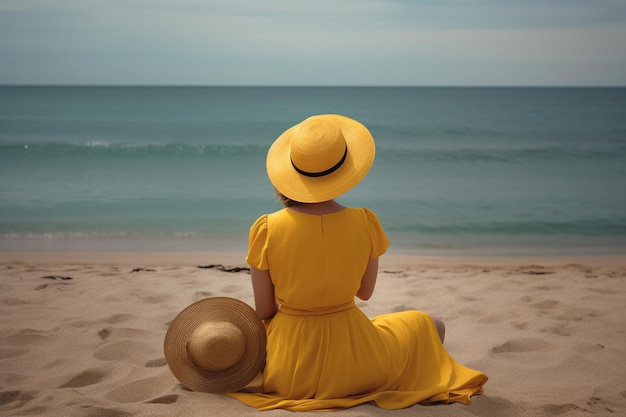 Een vrouw in een gele jurk zit op een strand en kijkt naar de oceaan.