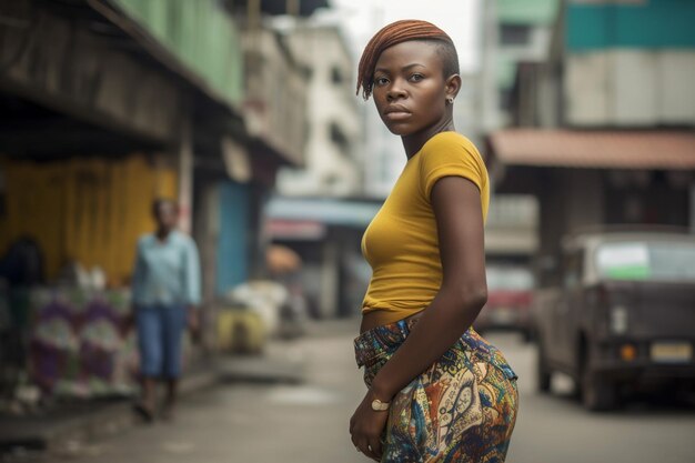 Foto een vrouw in een gele top en een gele top loopt door een straat.