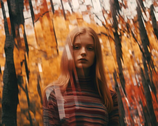 Foto een vrouw in een gestreept overhemd staat midden in een bos