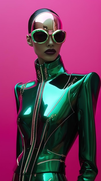 Een vrouw in een glanzend groen pak en zonnebril Generatief AI-beeld