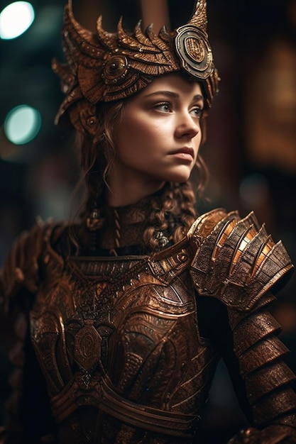 Een vrouw in een gouden harnas met een gouden helm en een gouden helm.