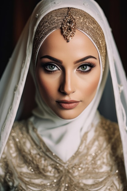 Een vrouw in een gouden hijab en een gouden sluier