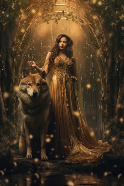 Een vrouw in een gouden jurk staat naast een wolf.