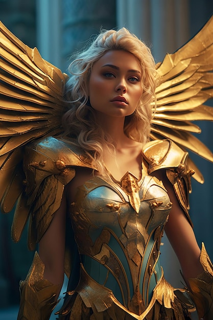 Een vrouw in een gouden kostuum met vleugels en een gouden veer.