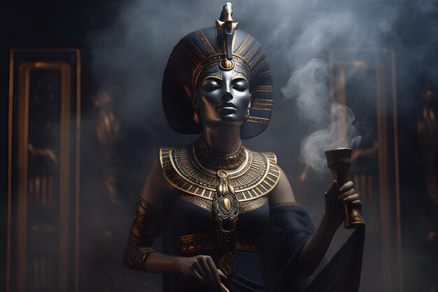Foto een vrouw in een gouden outfit staat in een rokerige kamer met een masker van de egyptische koningin.
