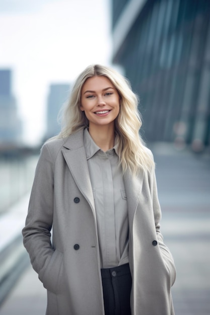 Een vrouw in een grijze jas staat voor een brug en glimlacht.