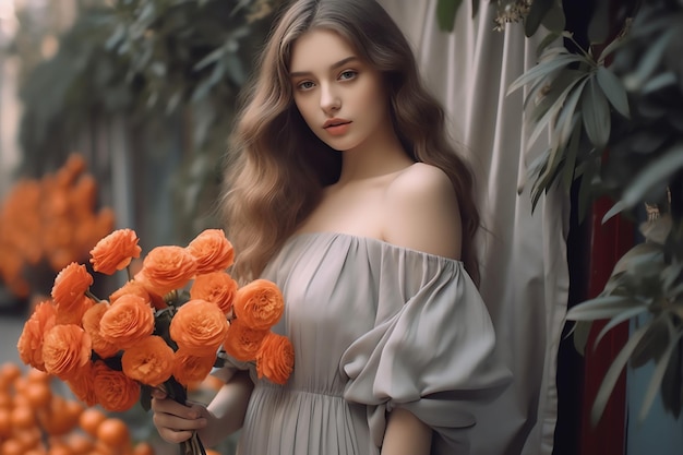 Een vrouw in een grijze jurk houdt een boeket oranje rozen vast