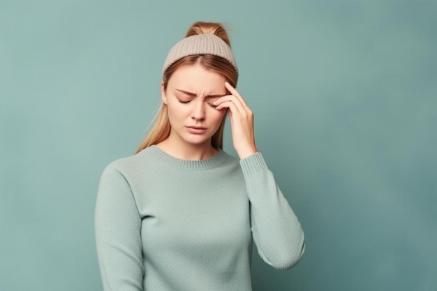 een vrouw in een grijze trui houdt haar hoofd met haar handen vast