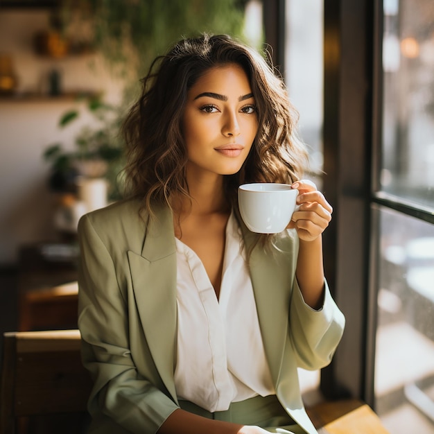 een vrouw in een groen jasje houdt een kopje koffie vast.