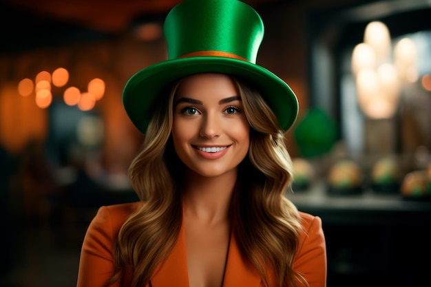 Een vrouw in een groen pak en hoed voor St. Patrick's Day