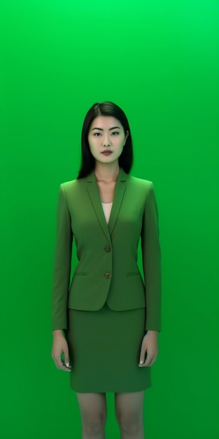 Een vrouw in een groen pak staat voor een groen scherm.