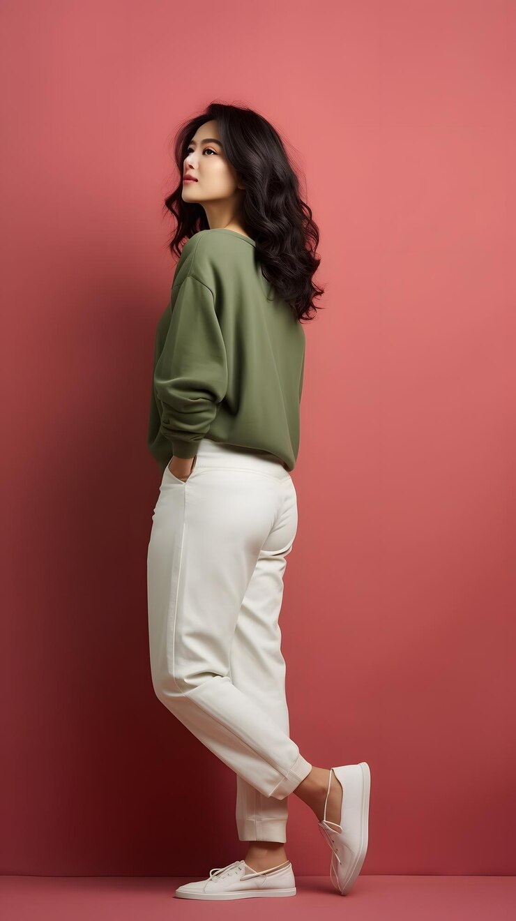 Een vrouw in een groen shirt en witte broek staat tegen een roze muur.