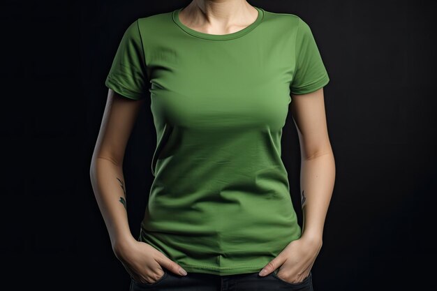 Een vrouw in een groen shirt staat voor een zwarte achtergrond