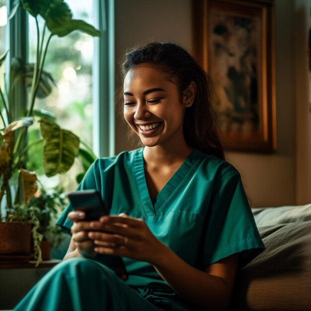 een vrouw in een groen uniform speelt een spelletje op haar telefoon