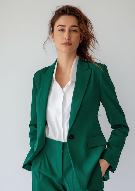 Een vrouw in een groene blazer en broek.