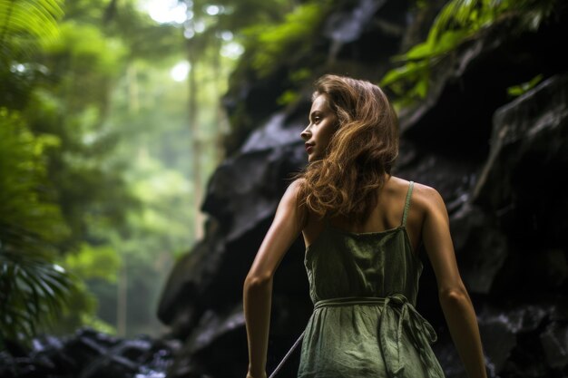 Een vrouw in een groene jurk die door een bos loopt.