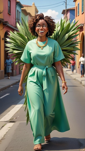 Een vrouw in een groene jurk loopt door de straat.