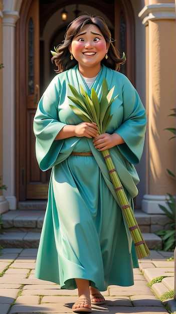 een vrouw in een groene kimono en een witte bloem