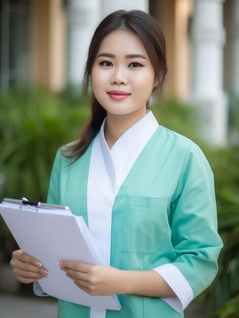 Een vrouw in een groene kimono houdt een klembord vast met het woord 'i'm a' erop.