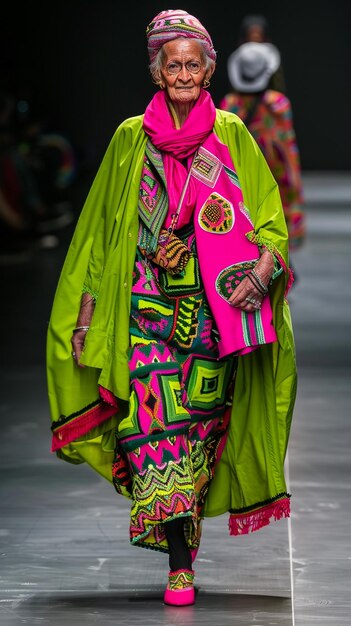 een vrouw in een groene kimono met een kleurrijk ontwerp op haar rok