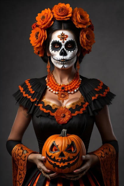 een vrouw in een halloween-kostuum met een pompoen