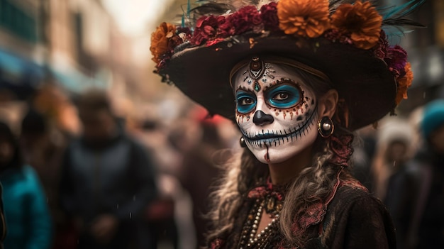 Een vrouw in een halloweenkostuum met een hoed en bloemen op haar gezicht